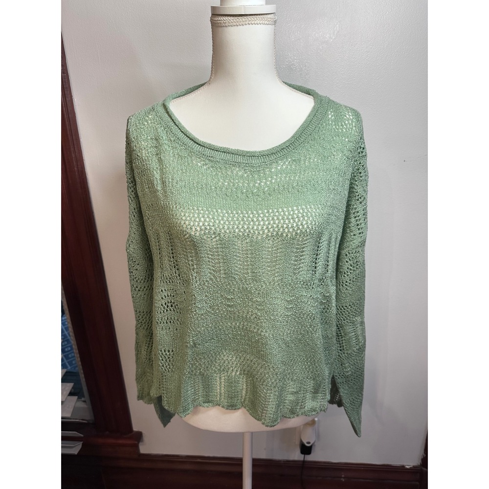 Pink Lily Sage Green Open Knit Scalloped Hem Sweater XL Long Sleeve Boho Top
